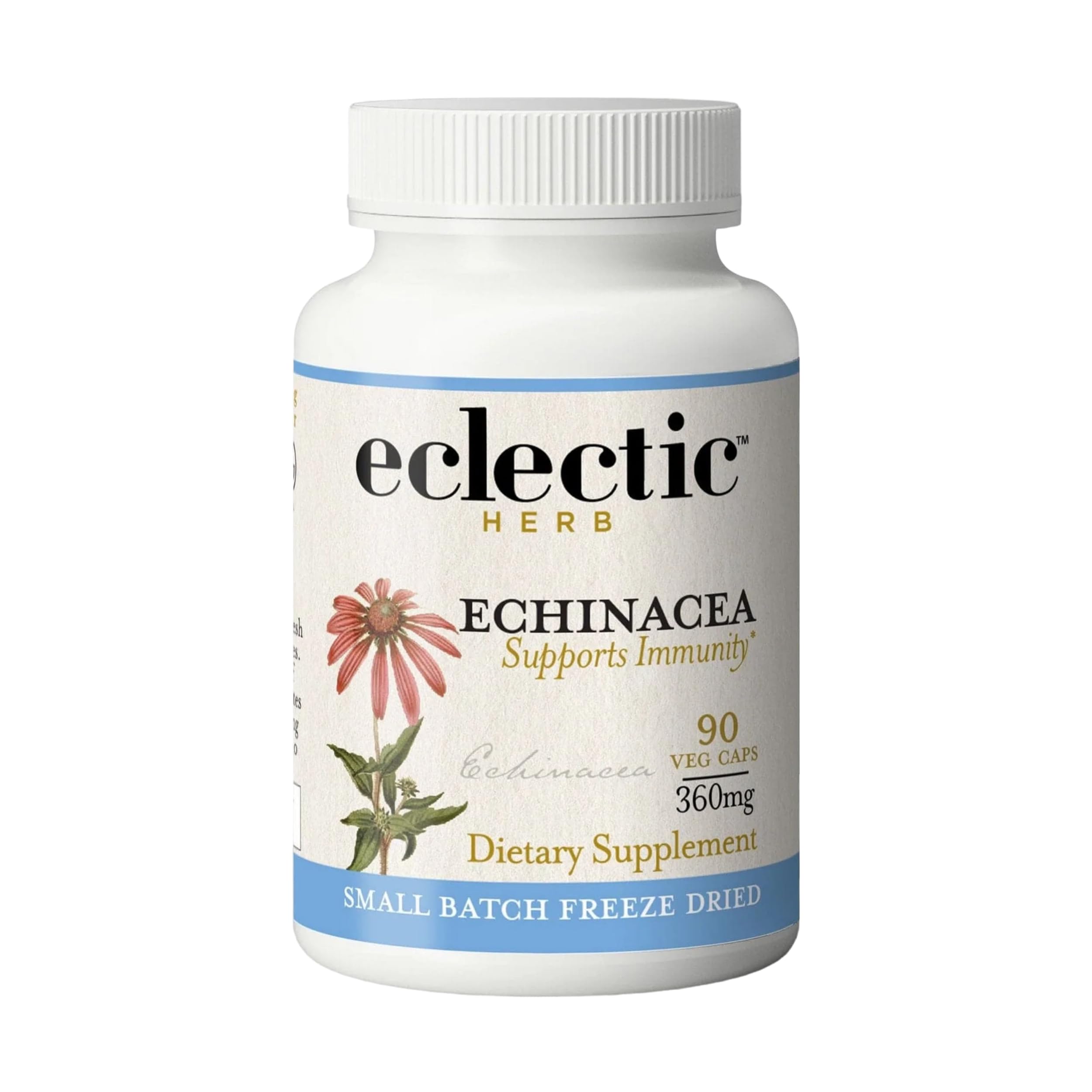 ECLECTIC INSTITUTE raw echinacea bottle shows whole-herb quality for daily wellness.
