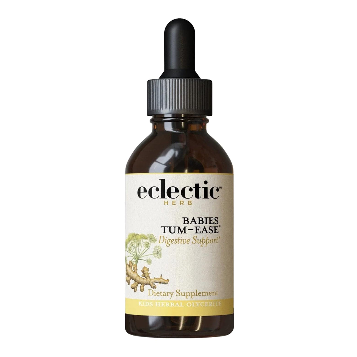Eclectic Institute Tum-Ease bottle label closeup showing kid-friendly soothing formula.