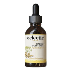 Eclectic Institute Tum-Ease bottle label closeup showing kid-friendly soothing formula.