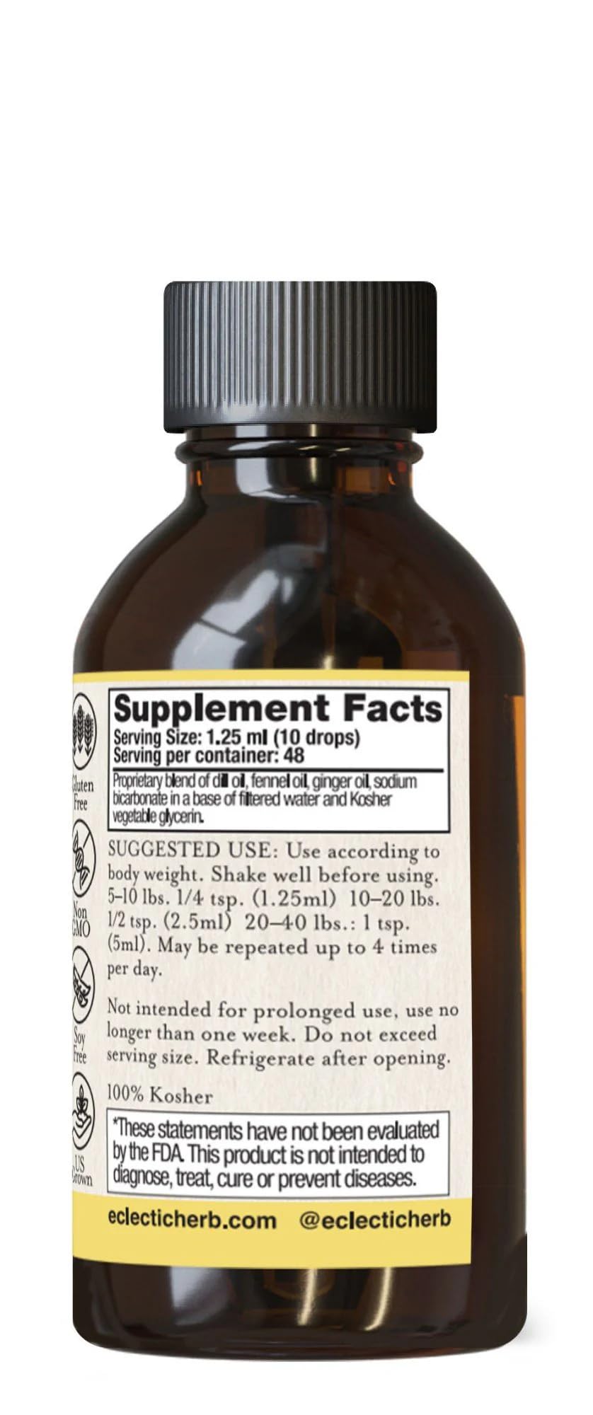 Eclectic Institute Tum-Ease drops pour for easy dosing for children.