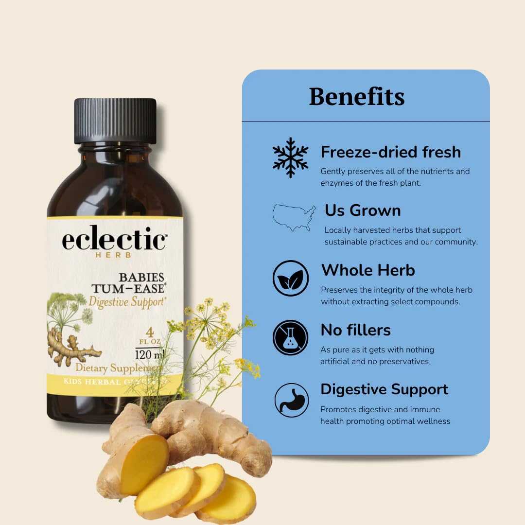 Eclectic Institute Tum-Ease ingredients close-up highlighting herbal glycerites.