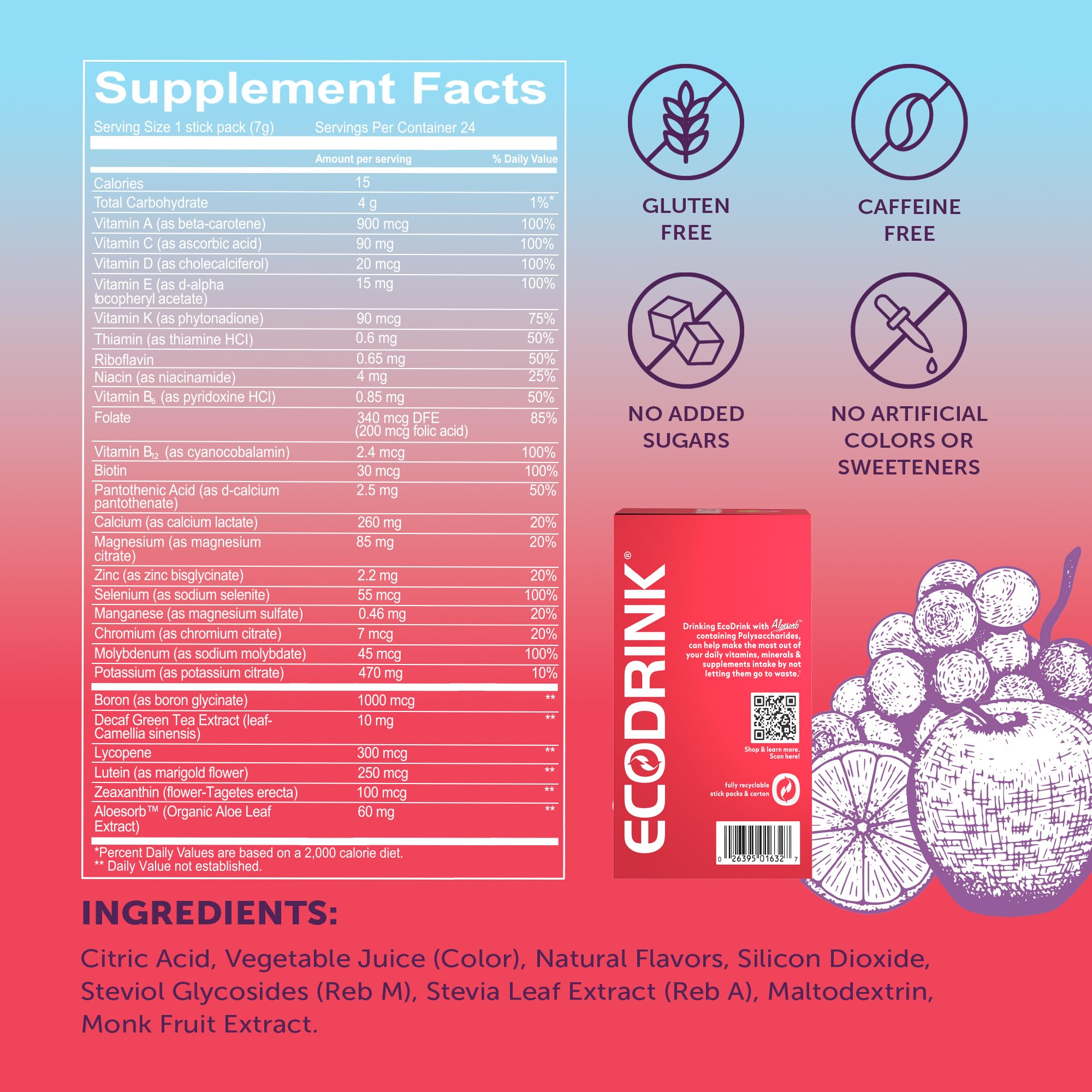 Eco Drink Fruit Punch box front shows 24 stick packs