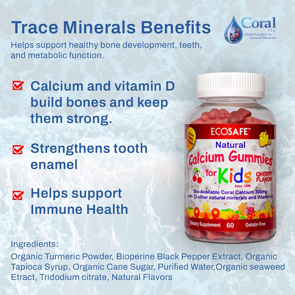 Eco Safe Coral Calcium Kids Gummy free-from icons on label communicates dietary compatibility.