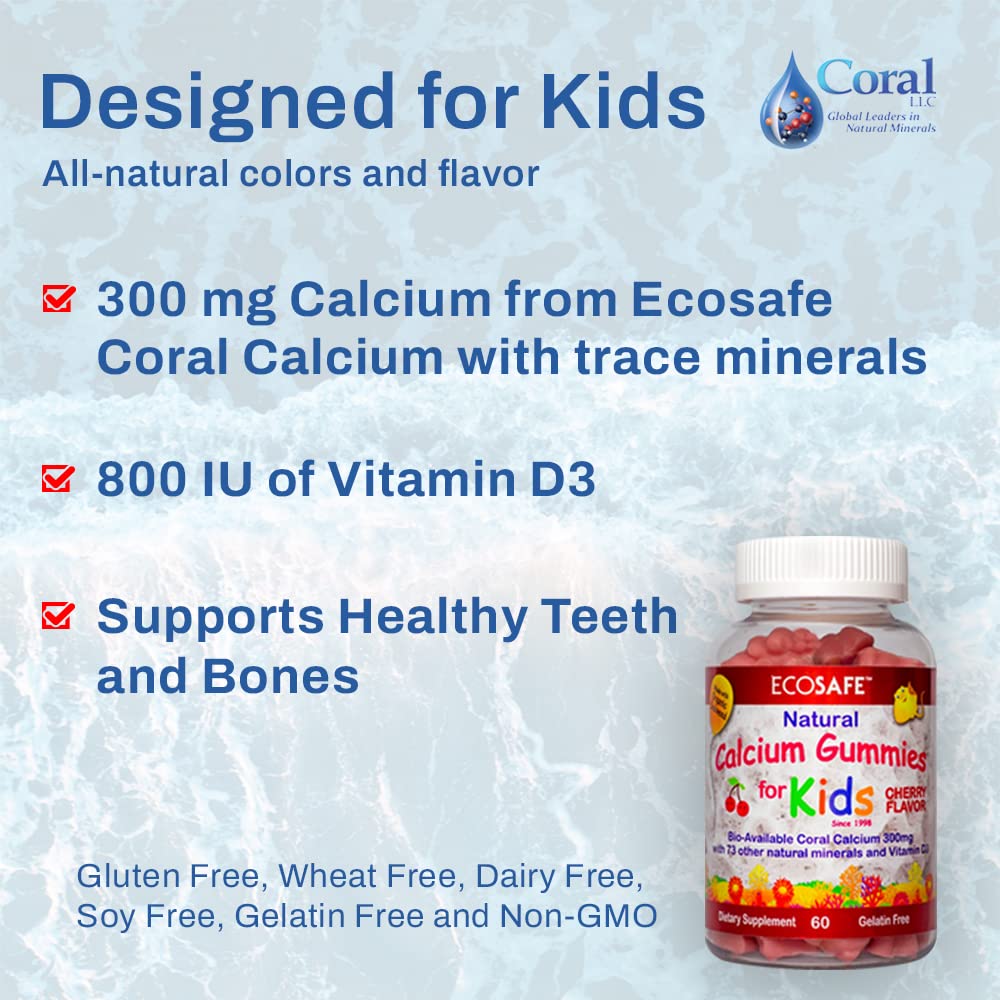 Eco Safe Coral Calcium Kids Gummy jar close-up texture ideal for bite-sized nutrition.