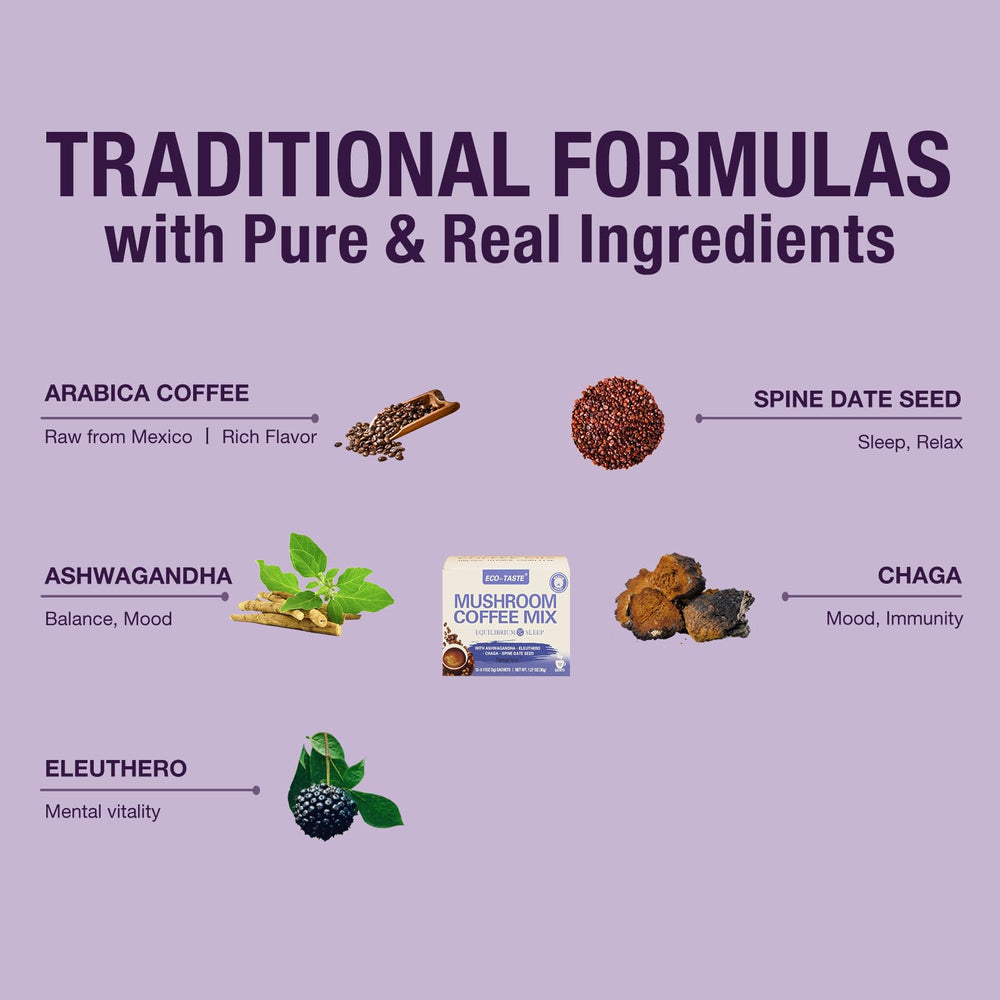 Eco-TASTE label close-up highlighting ashwagandha and chaga for balanced energy.