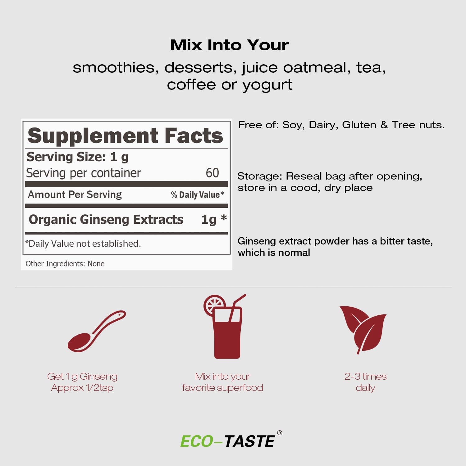 ECO-TASTE Ginseng powder scoop for precise 1g servings.