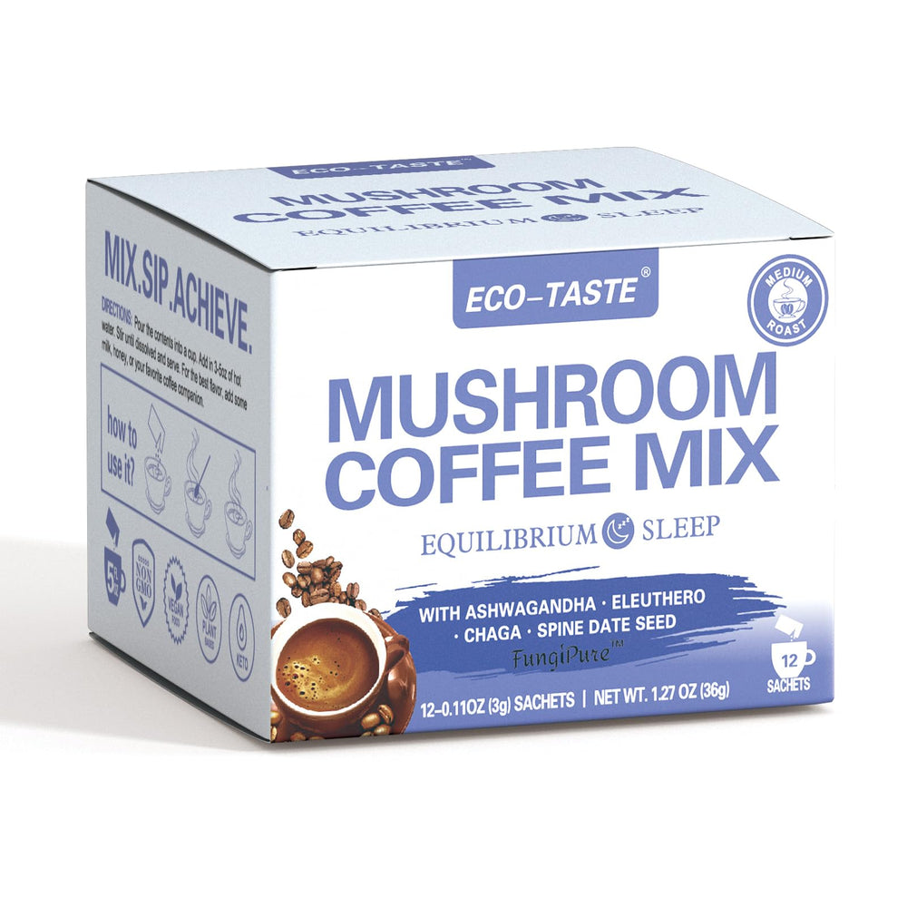 Eco-TASTE Balance Mushroom Coffee sachets for daily energy and focus.
