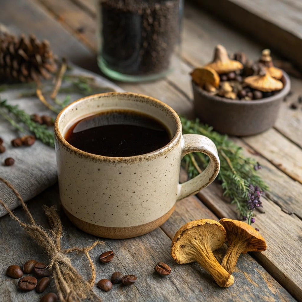 Eco-TASTE mushroom extracts in a cup hint earthy, rich flavor.