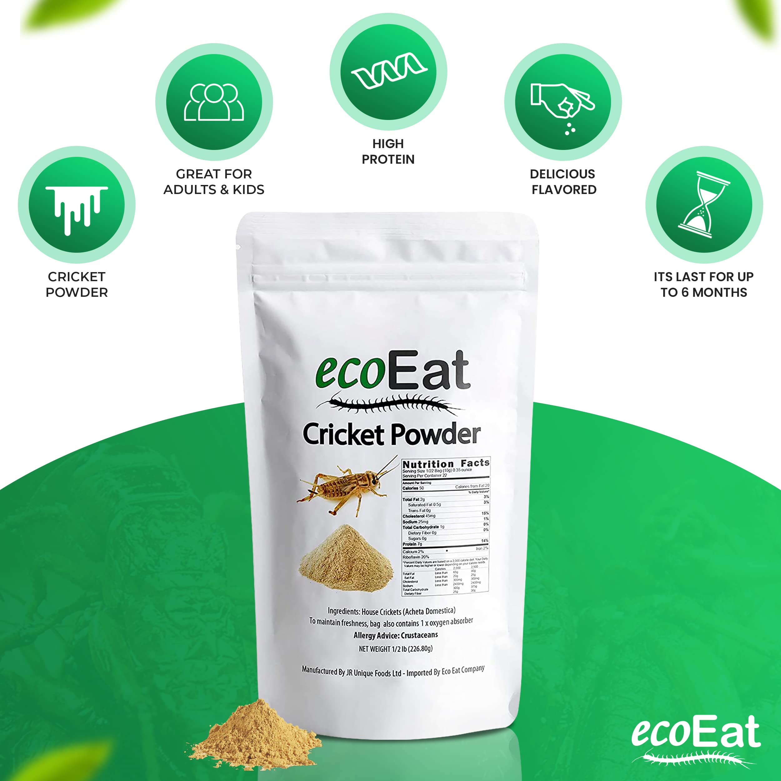 ecoEat cricket powder ingredients and nutrition highlights on label for smart meal planning.