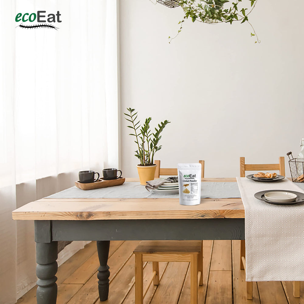 ecoEat cricket powder nutrition chart showing protein content for protein-packed meals.