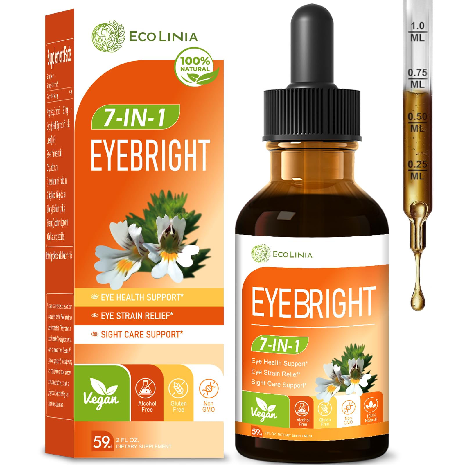 ECOLINIA EyeBright bottle image promoting daily eye comfort.