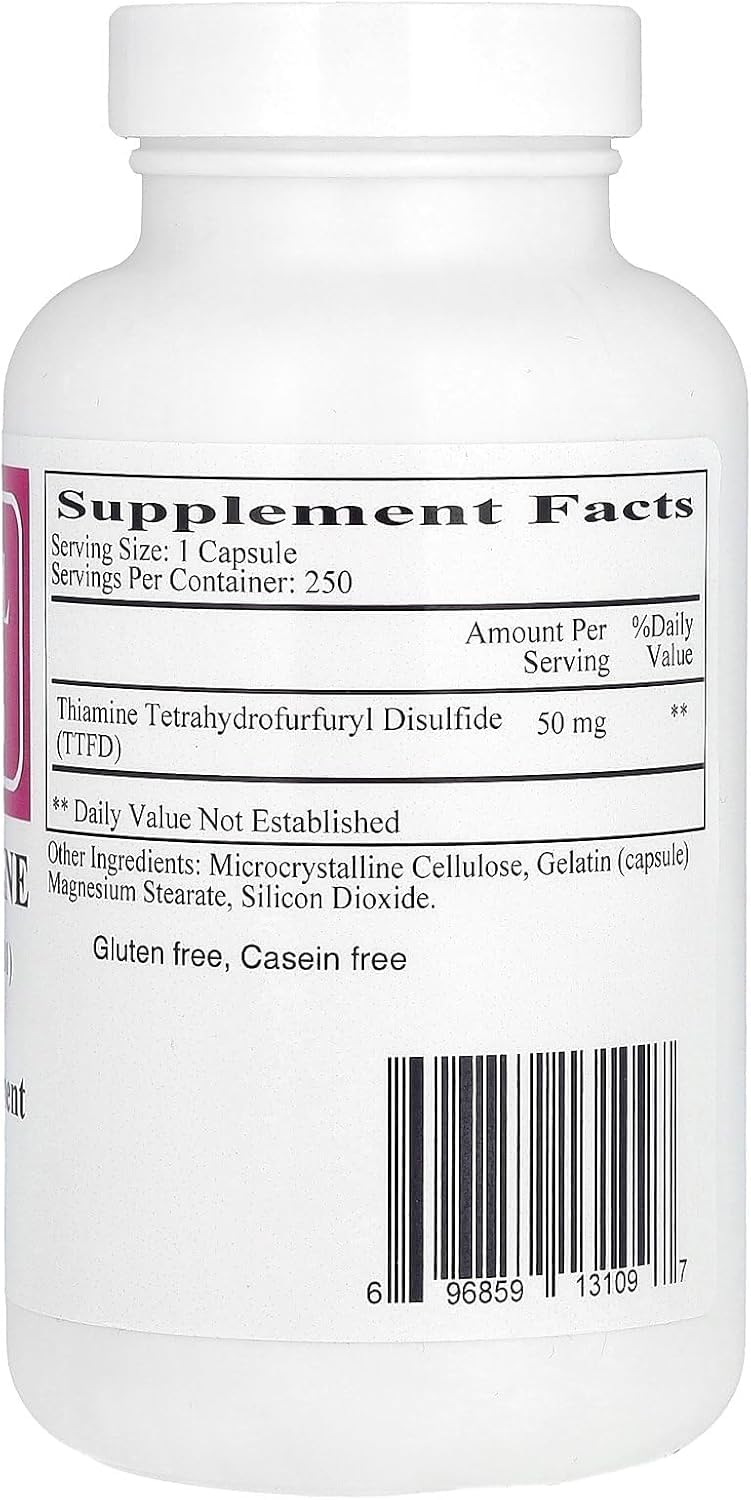Close-up of Ecological Formulas Allithiamine capsules highlighting a convenient 50 mg daily dose for energy support.