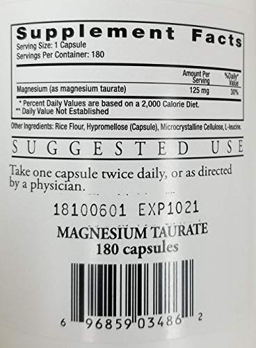 Ecological Formulas Cardiovascular Magnesium Taurate label closeup highlighting 125 mg per capsule.