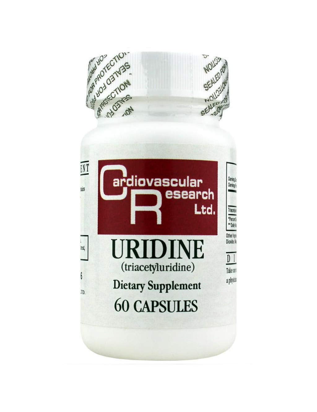 Ecological Formulas Uridine white bottle; convenient 60-count container for daily brain-support use.