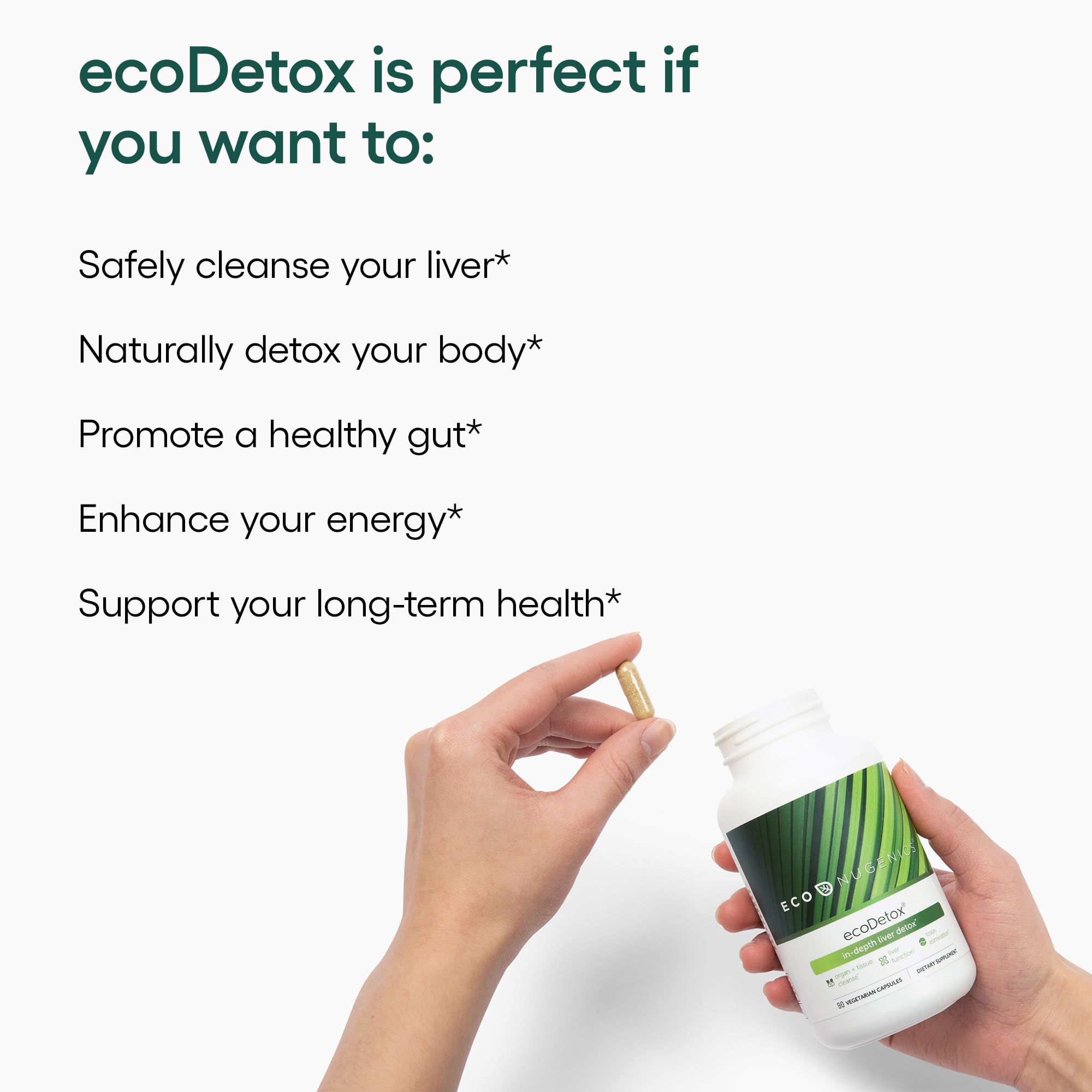 EcoNugenics ecoDetox capsules in hand suggest on-the-go use.