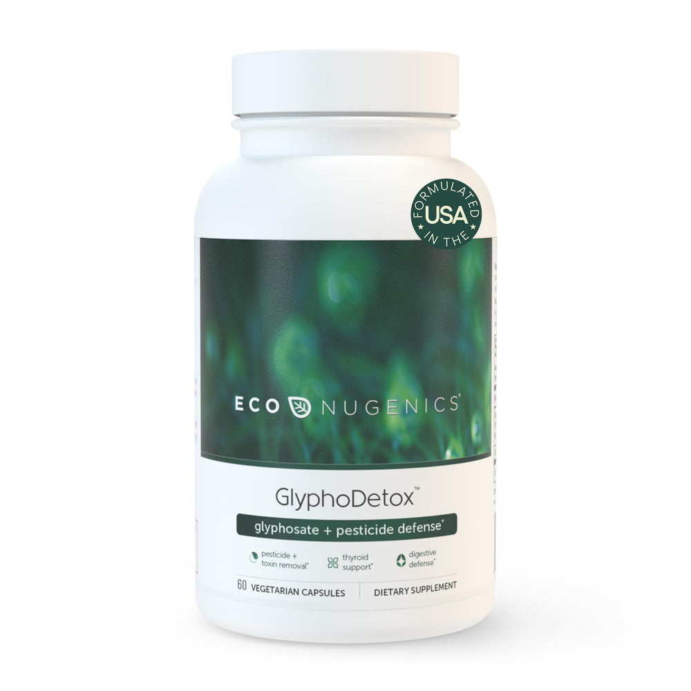 EcoNugenics GlyphoDetox bottle on shelf suggests a gentle toxin-support routine