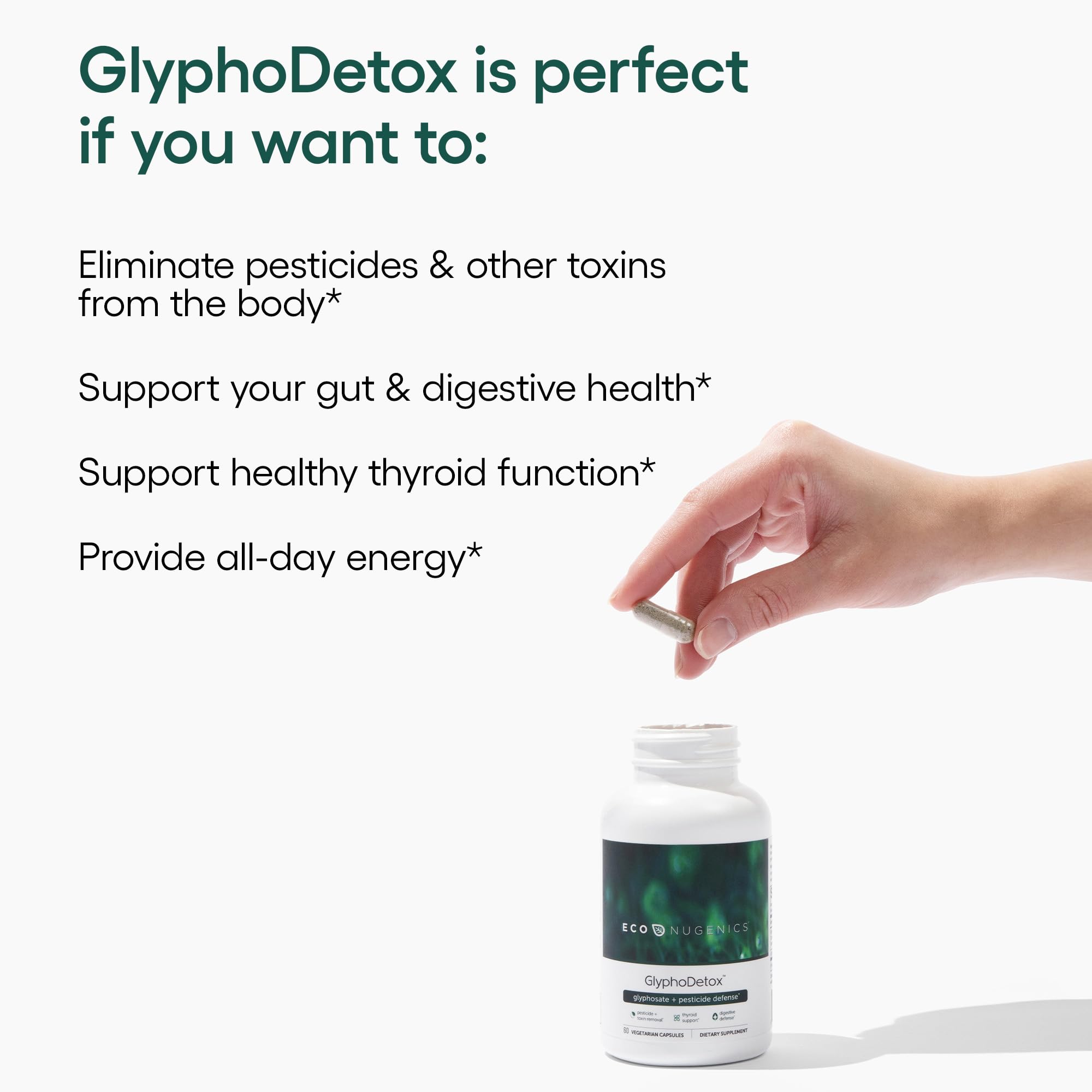 EcoNugenics GlyphoDetox packaging signals vegan, non-GMO detox support