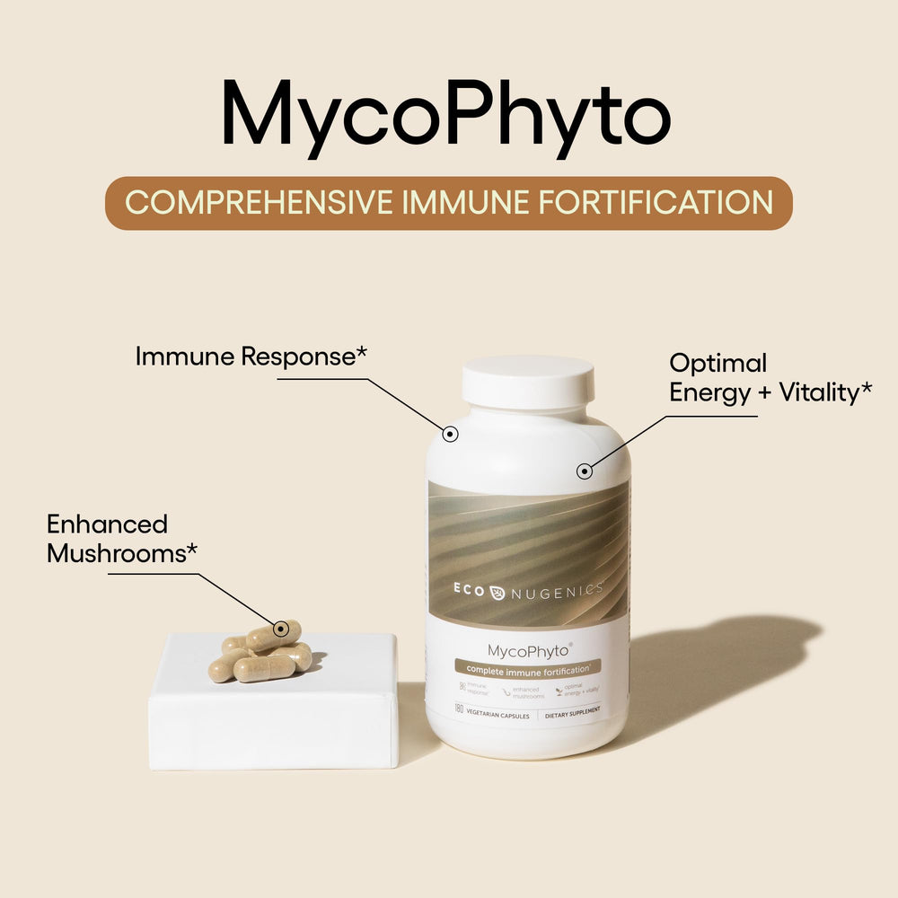 Close-up of MycoPhyto capsules emphasizing energy and gut health benefits.