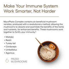 Label view shows a six-mushroom blend and beta glucans for enhanced effect.