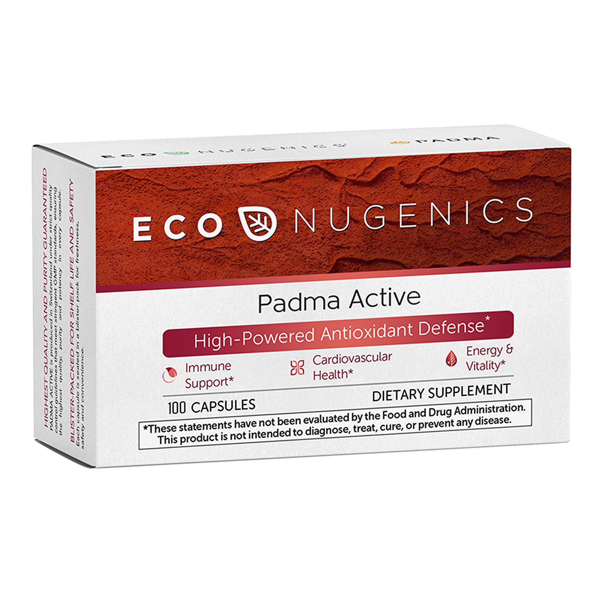EcoNugenics Padma Active bottle close-up detailing herbal blend for daily energy