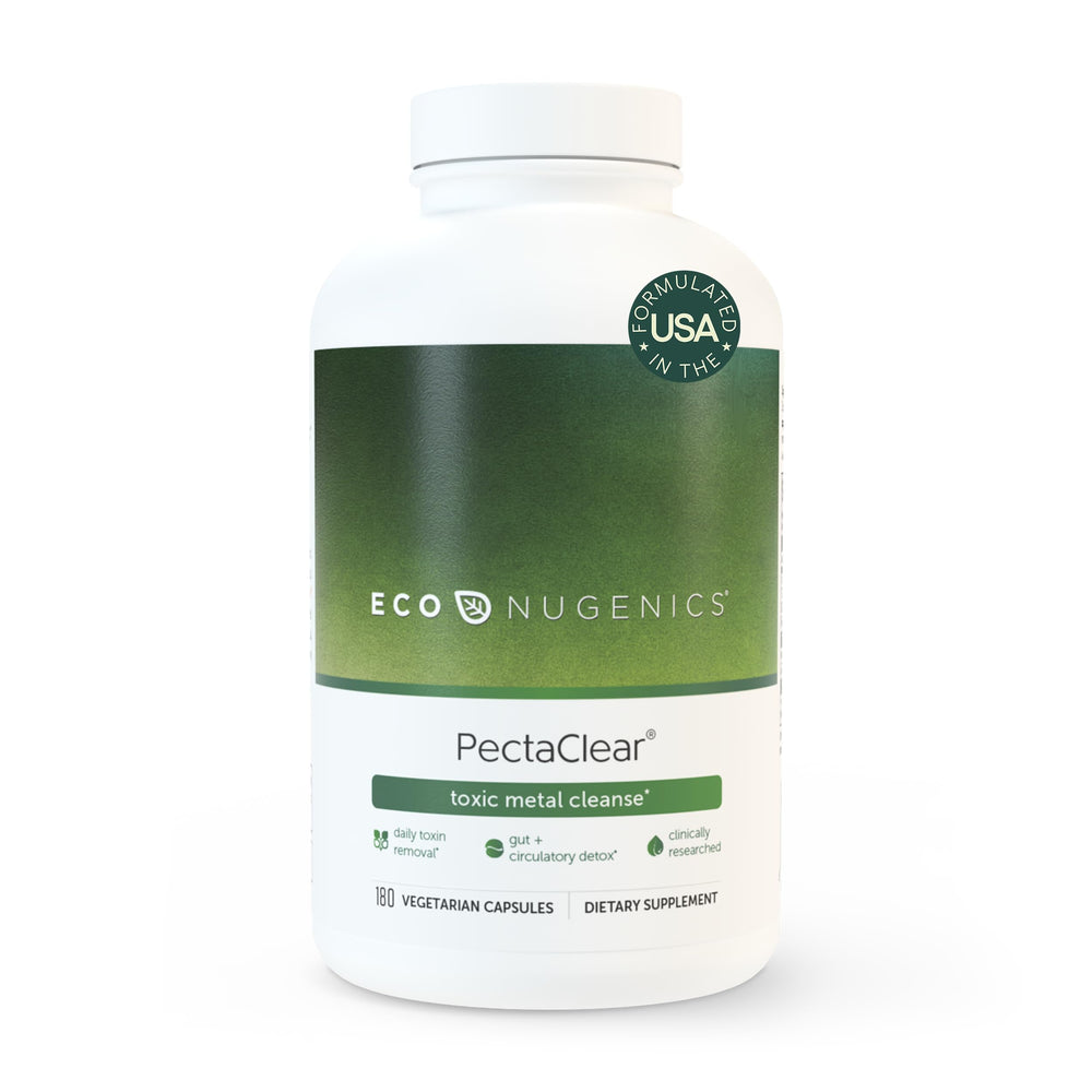 EcoNugenics PectaClear botella de cápsulas, apoyo potencial a la detoxificación natural diaria.