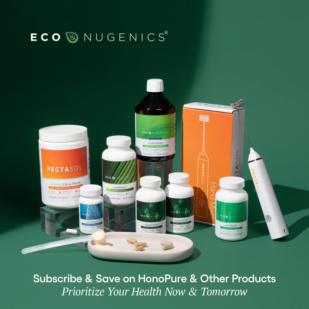 Person taking EcoNugenics PectaClear capsules at home for convenient detox