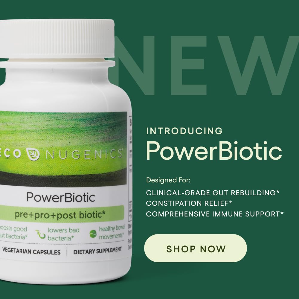 EcoNugenics PowerBiotic capsules closeup highlighting daily intake