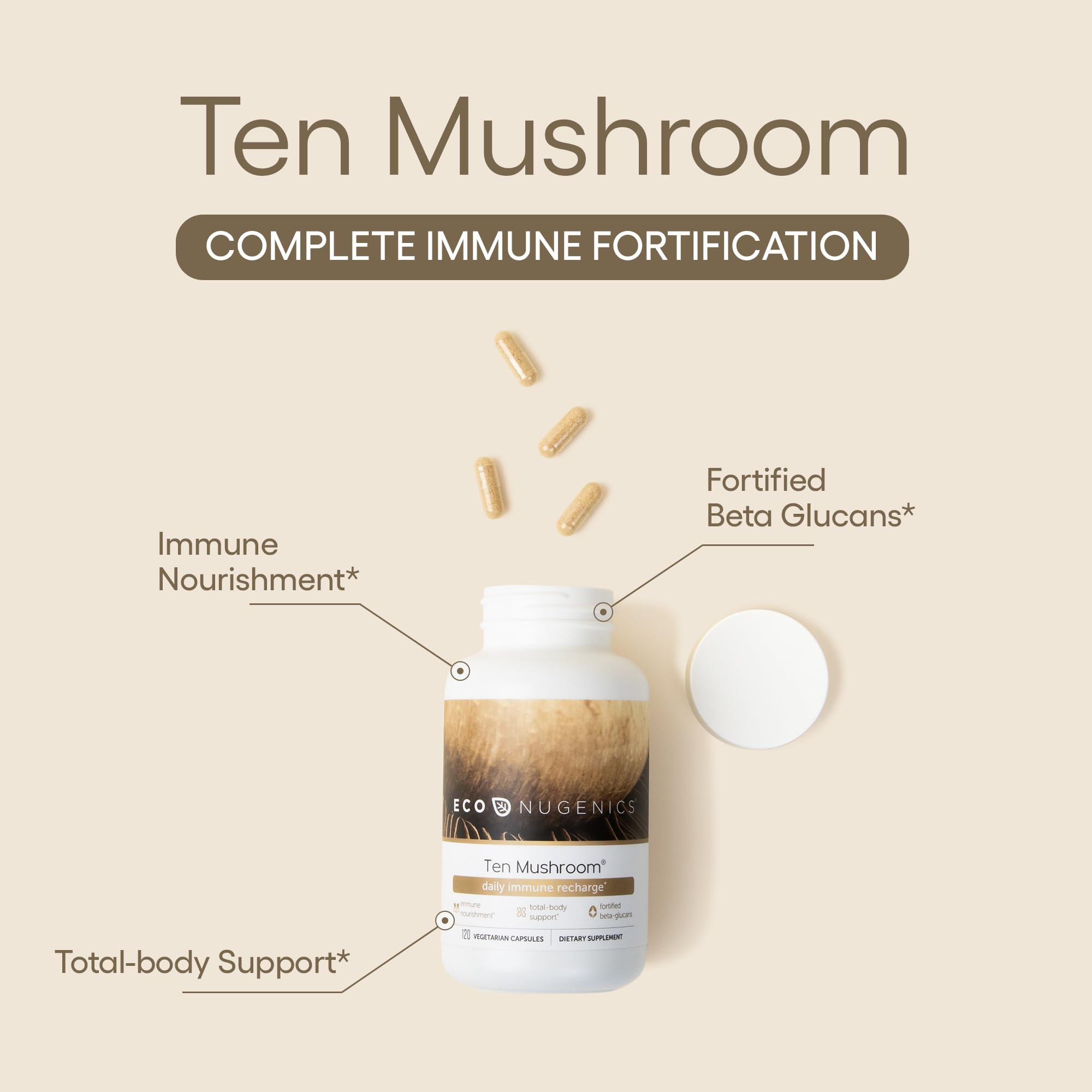 EcoNugenics Ten Mushroom capsules being poured for easy daily supplementation