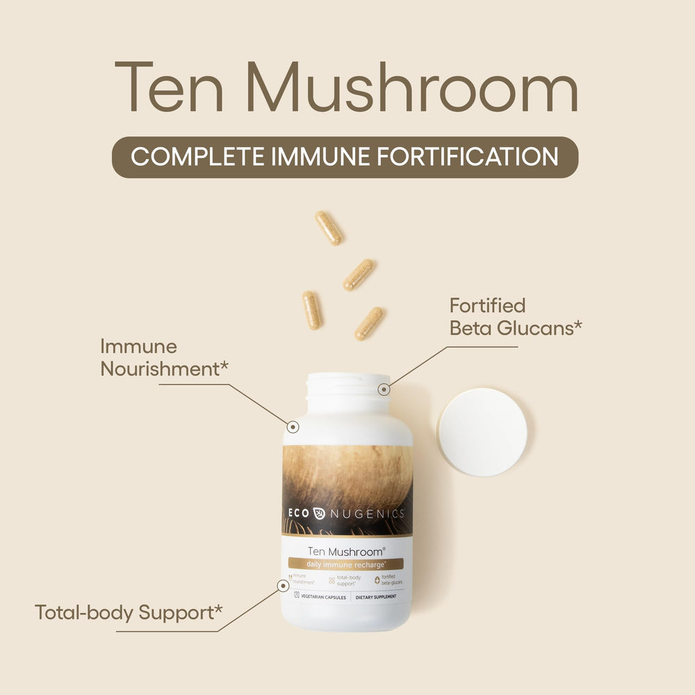 EcoNugenics Ten Mushroom capsules being poured for easy daily supplementation