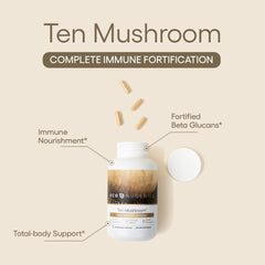 EcoNugenics Ten Mushroom capsules being poured for easy daily supplementation