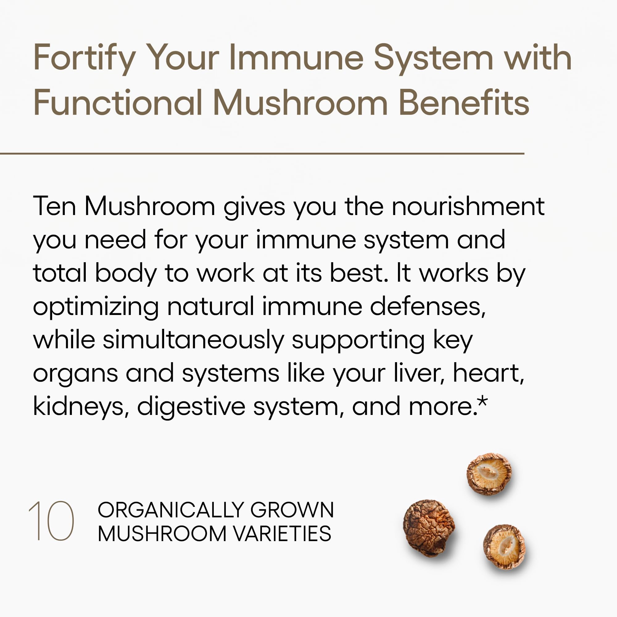Close-up of EcoNugenics Ten Mushroom label highlighting purity and vegan formula