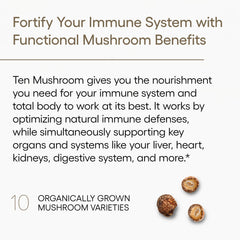 Close-up of EcoNugenics Ten Mushroom label highlighting purity and vegan formula