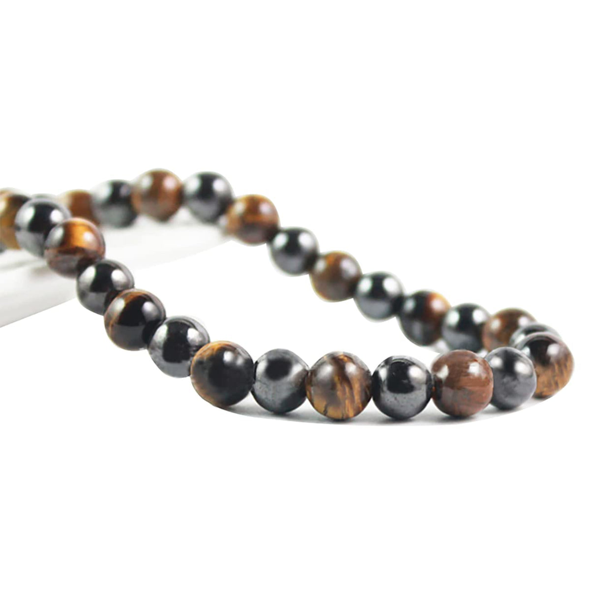 Ecooon tiger eye and hematite beads close-up for everyday wear.