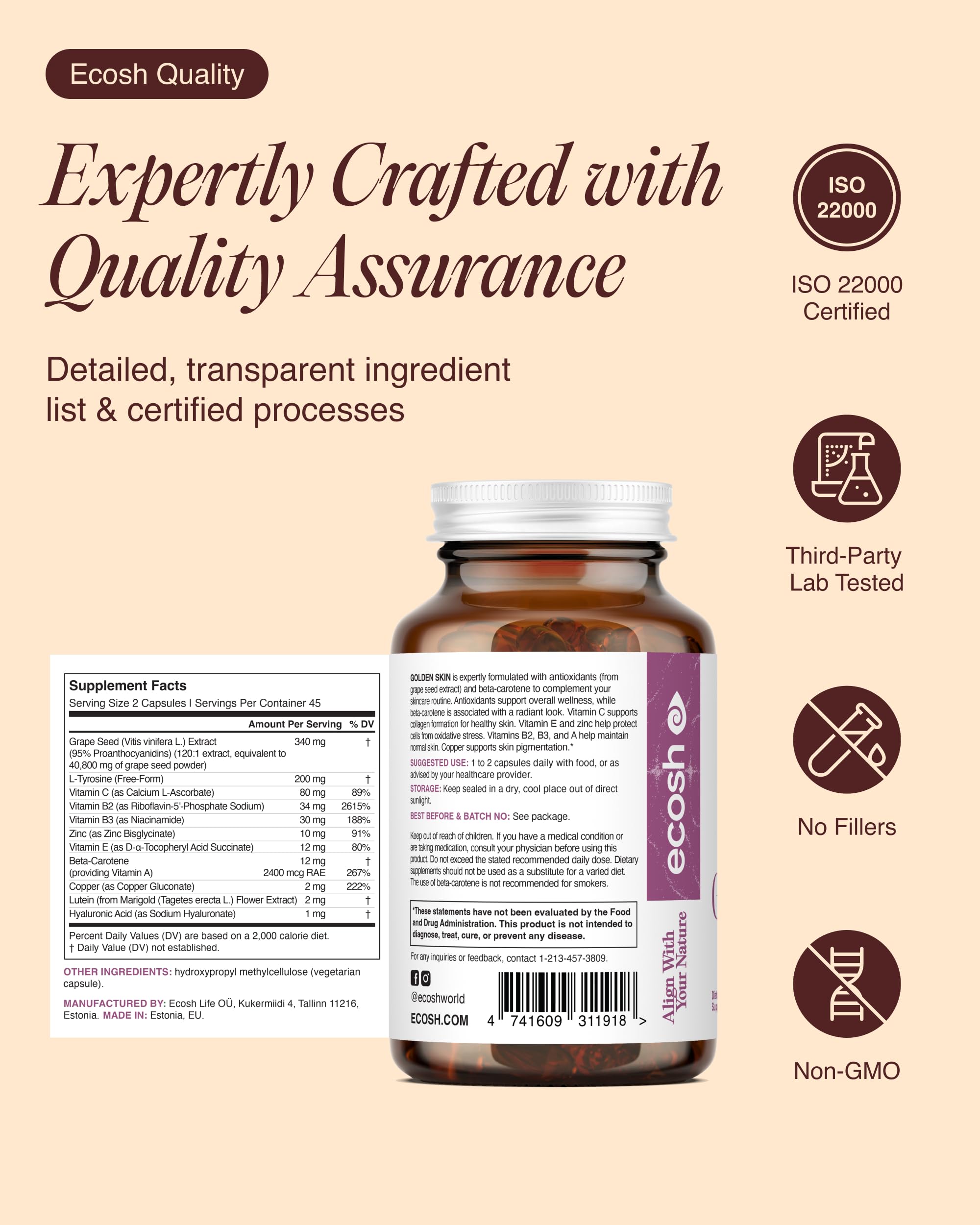 Ecosh Golden Skin hyaluronic acid detail emphasizing hydration.
