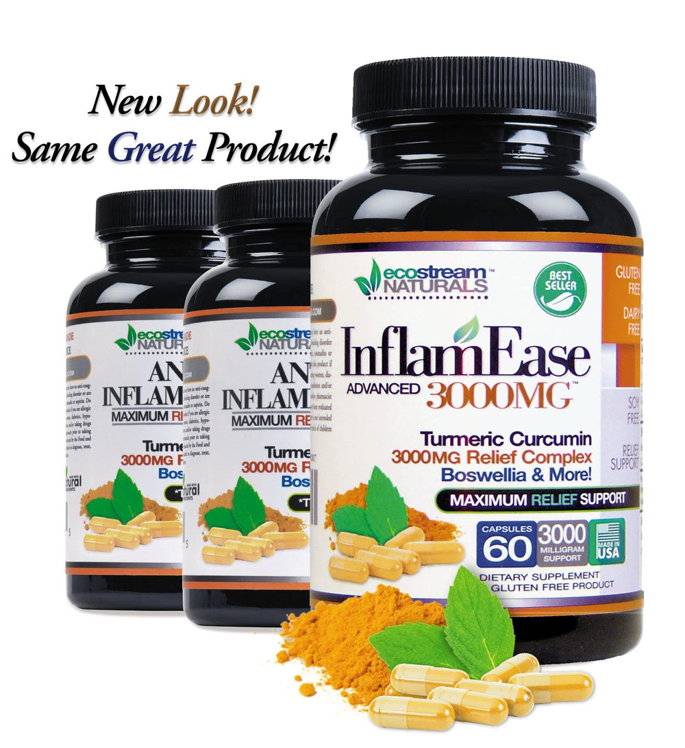 EcoStream Naturals InflamEase capsules in bottle, vegan and gluten-free convenience.