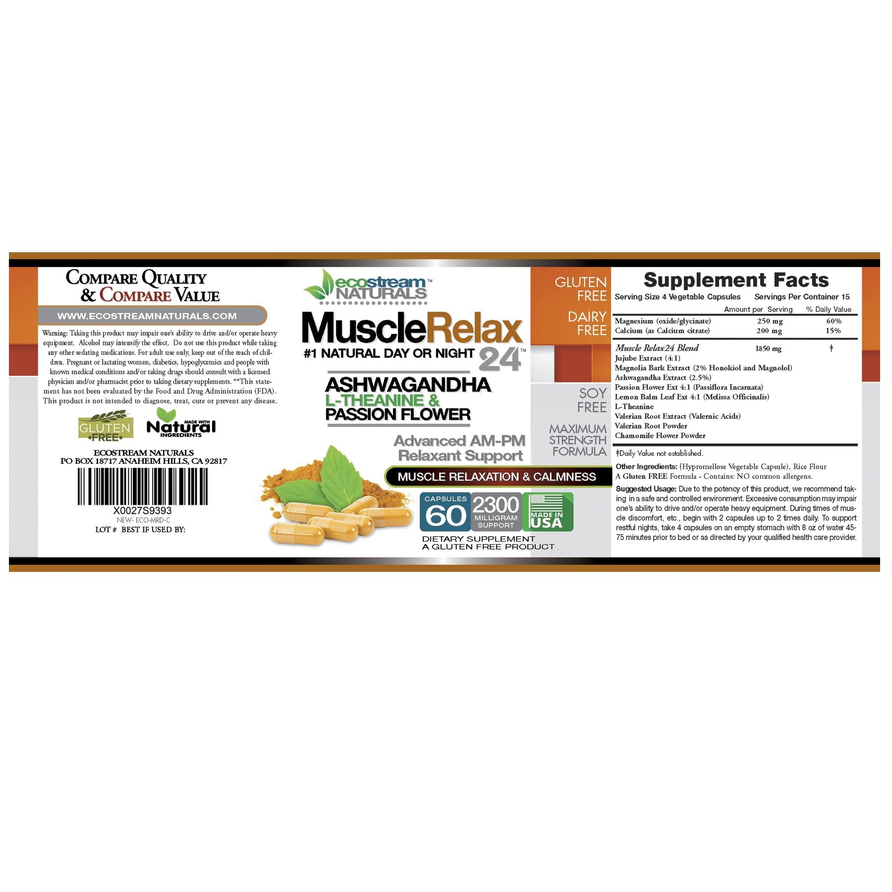 ecostream naturals relaxant capsules-closeup emphasizes 2,300 mg per capsule