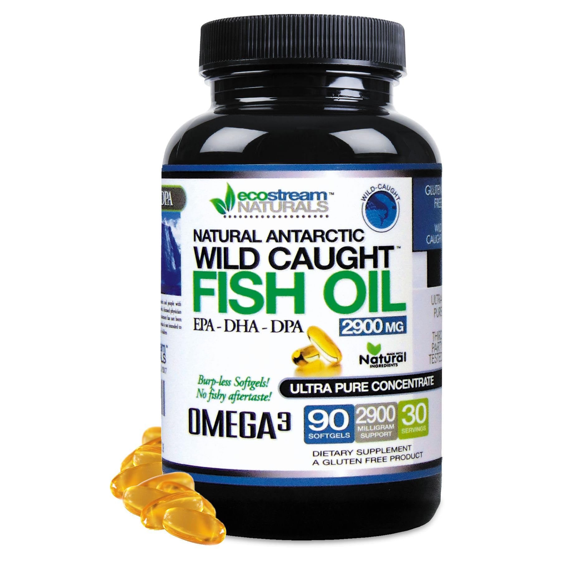 ecostream Naturals Omega-3 bottle front view with no fishy aftertaste.