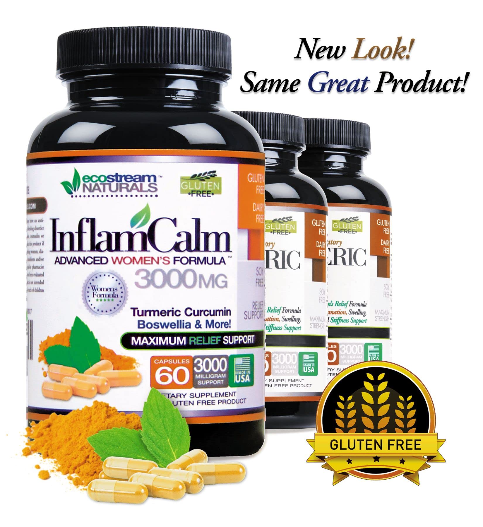 Ecostream Naturals InflamCalm bottle label highlights turmeric, curcumin, and boswellia for wellness.
