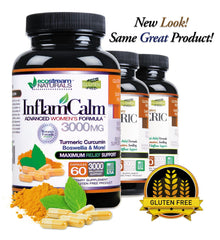Ecostream Naturals InflamCalm bottle label highlights turmeric, curcumin, and boswellia for wellness.