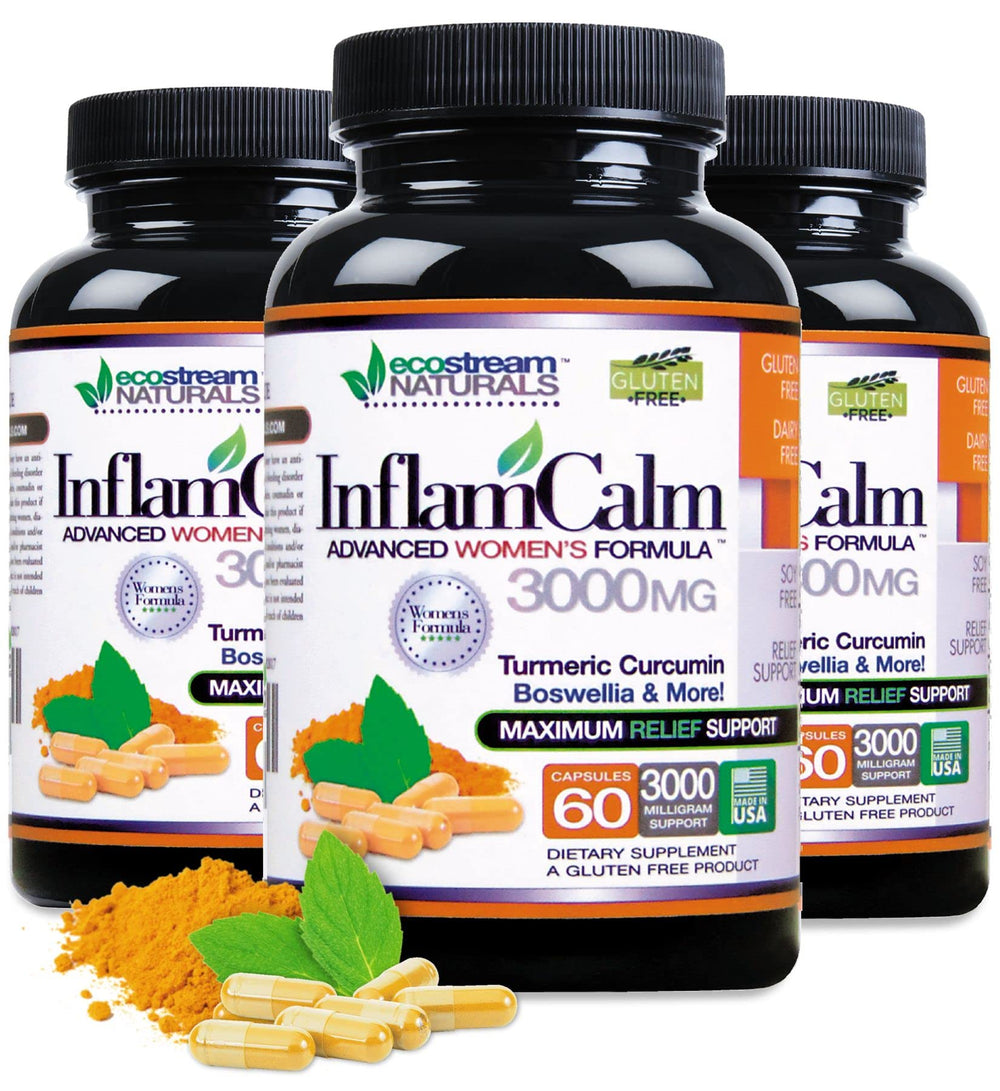 Ecostream Naturals InflamCalm capsules close-up emphasizes vegetarian, gluten-free formula.
