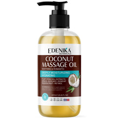 EDENIKA BOTANICALS tropical coconut massage oil bottle pour for soothing, hydrated skin