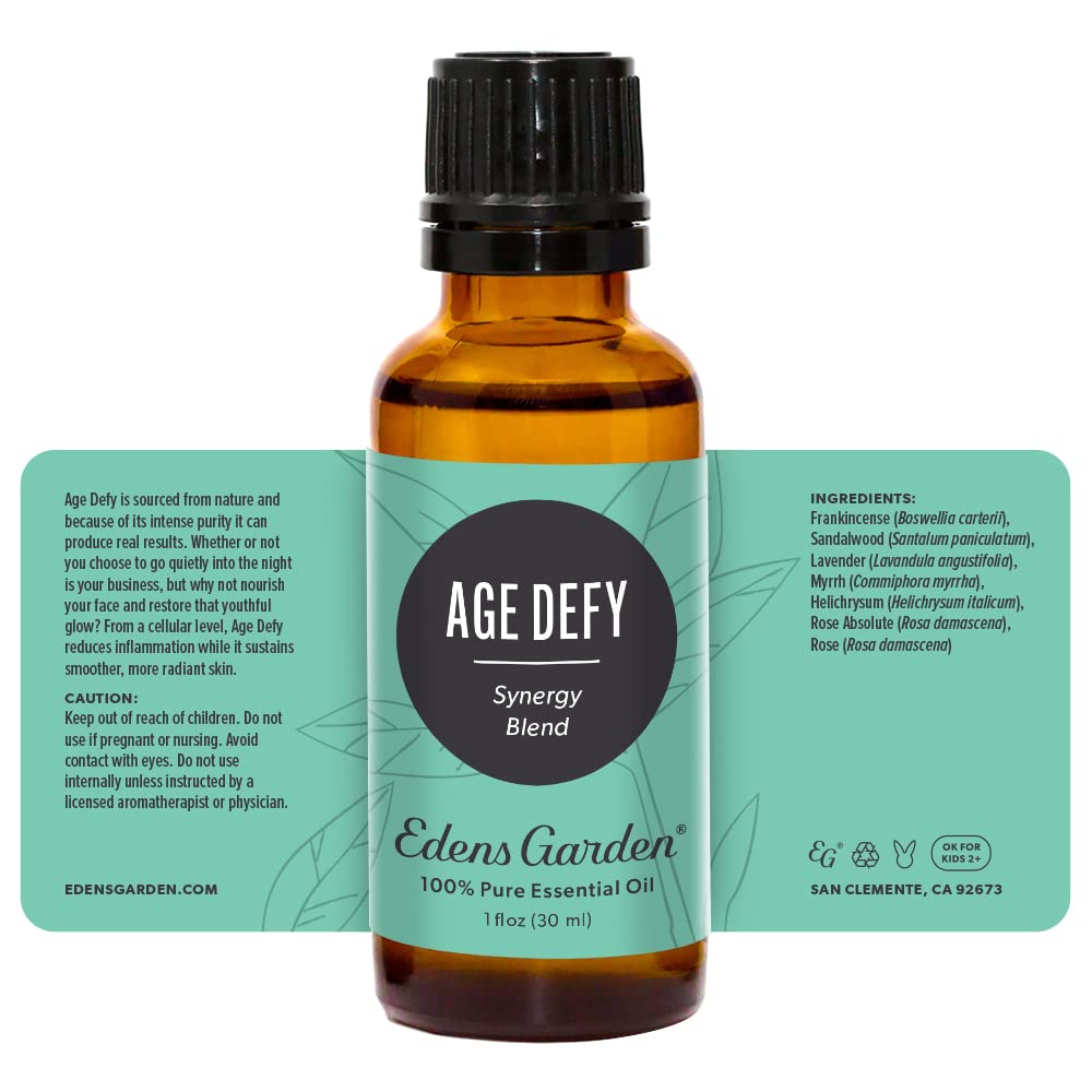Edens Garden Age Defy bottle in a skincare routine setup.
