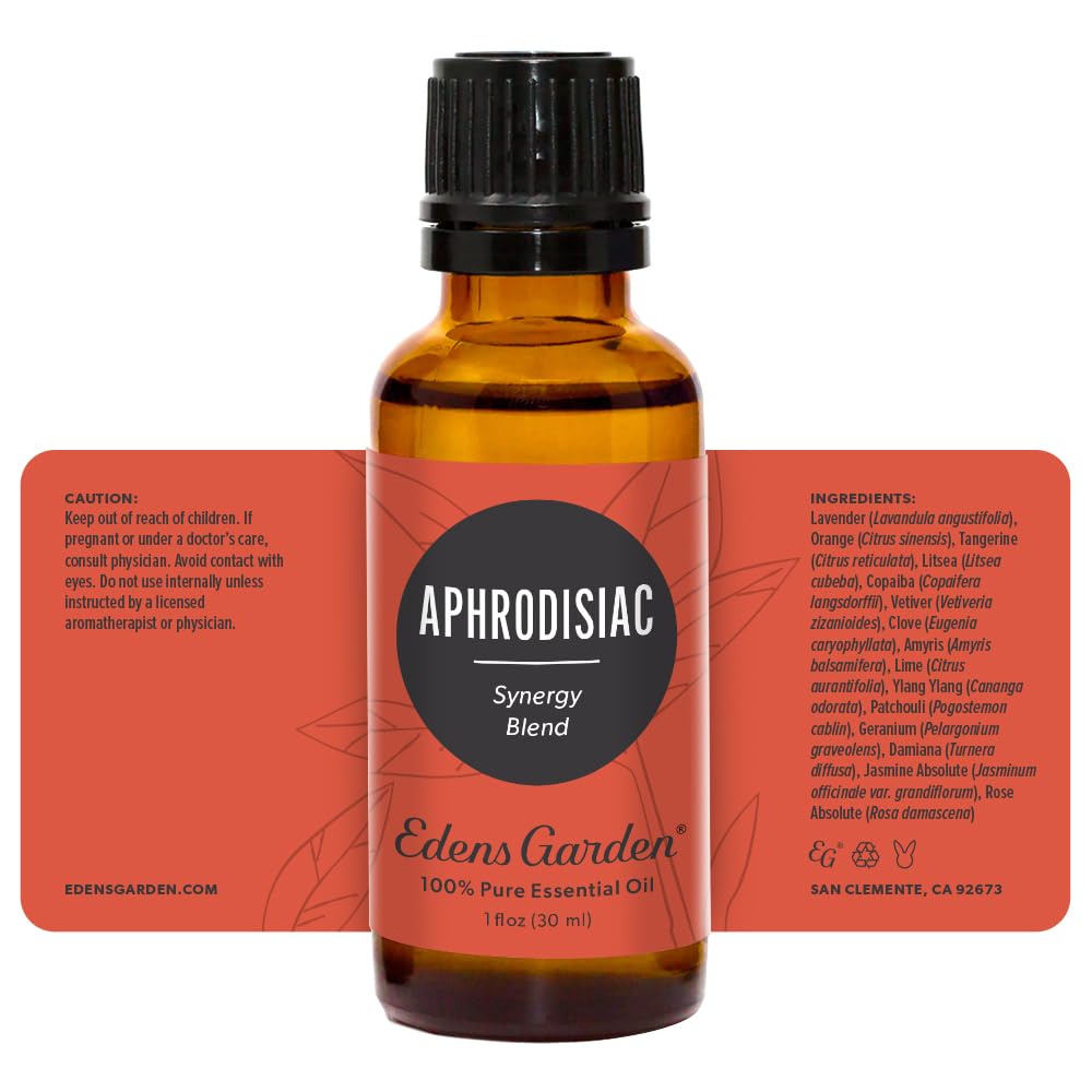 Edens Garden Aphrodisiac label design, pure and premium essential oil blend branding.