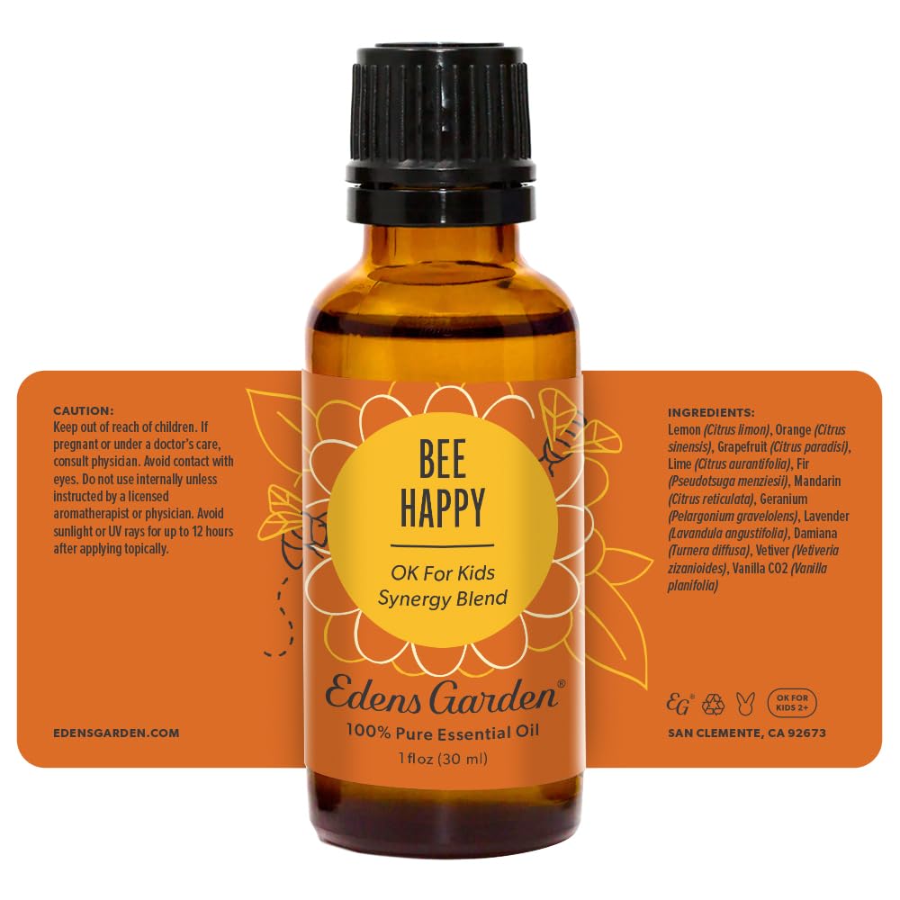 Edens Garden Bee Happy packaging showcases premium, affordable essential oils