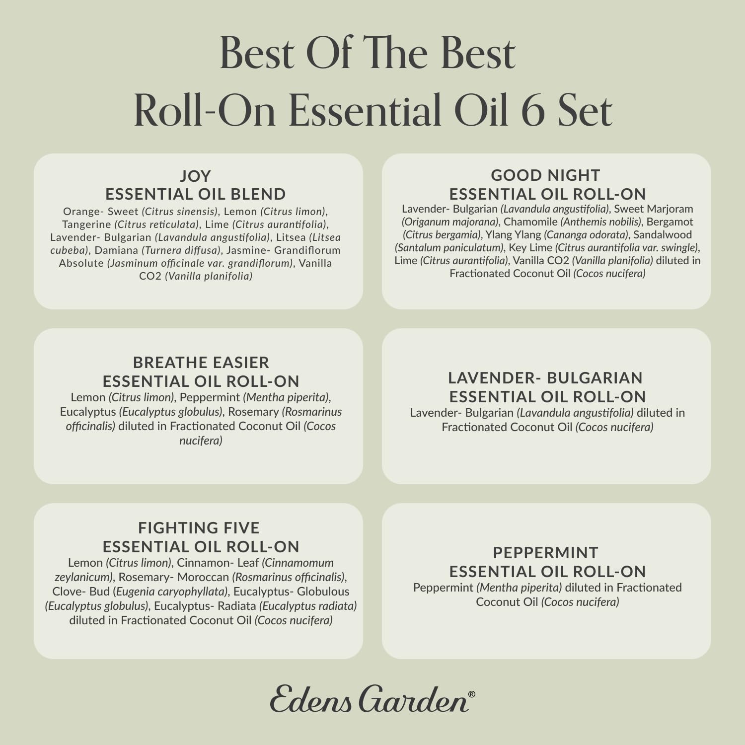 Edens Garden Best of the Best Roll-On collection with labeled bottles for easy daily aromatherapy