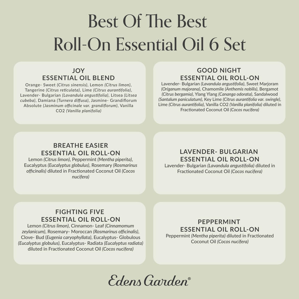 Edens Garden Best of the Best Roll-On collection with labeled bottles for easy daily aromatherapy