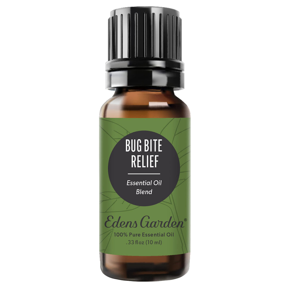 Edens Garden Bug Bite Relief bottle with dropper for outdoor skin comfort.