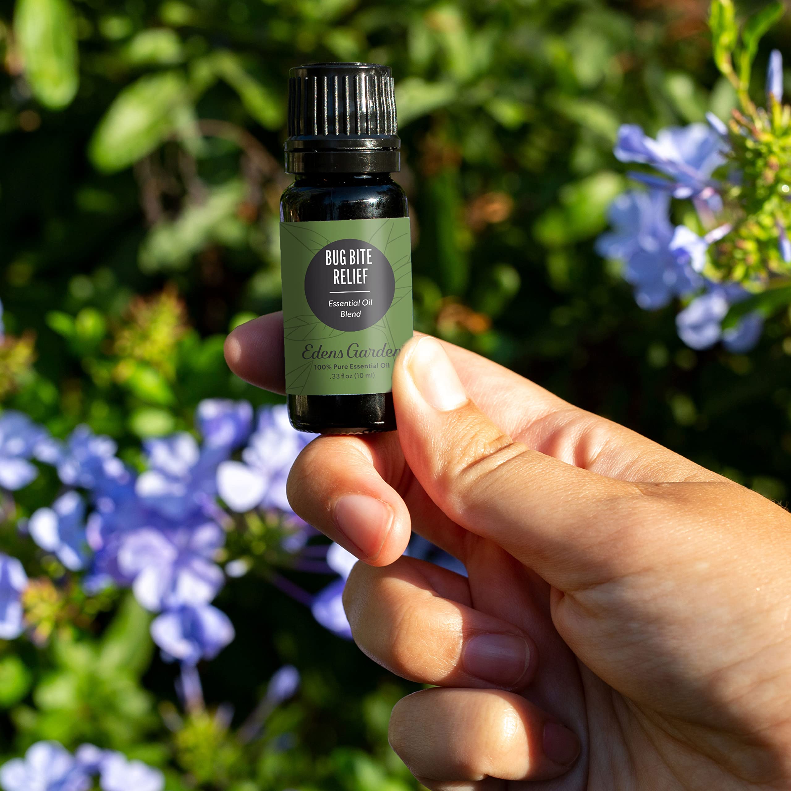 Edens Garden Bug Bite Relief label closeup highlights pure oils for safe, confident use.