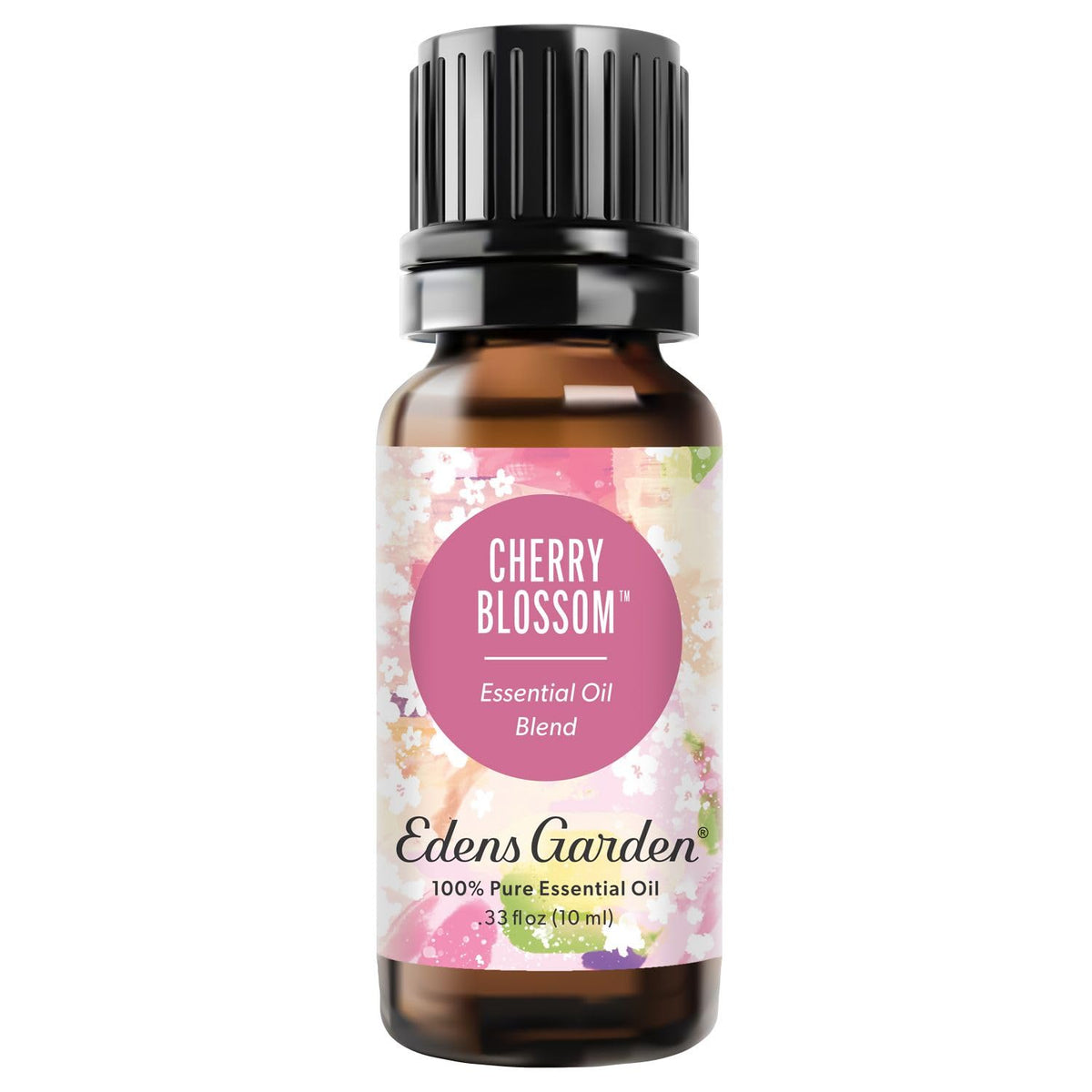 Edens Garden Cherry Blossom essential oil bottle front view, highlighting purity and aroma.