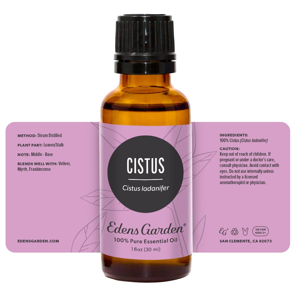 Edens Garden Cistus essential oil bottle in skincare routine setup.